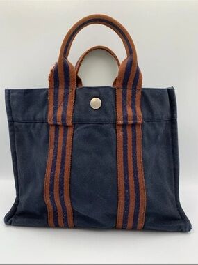 Hermes Navy Canvas Tote with Brown Striped Handles